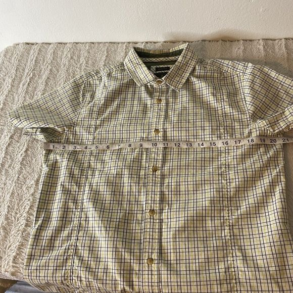 Prana Yellow And‎ Gray Plaid Button Up Short Sleeve Shirt Slim Fit Mens Smalll - Picture 7 of 9